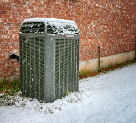 An outside air conditioning unit covered in snow and frozen