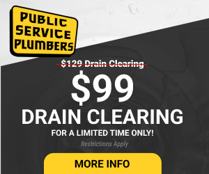 A coupon with the Public Service Plumbers logo featuring text that reads 99 dollar drain clearing for a limited time only, regularly 129 dollars.